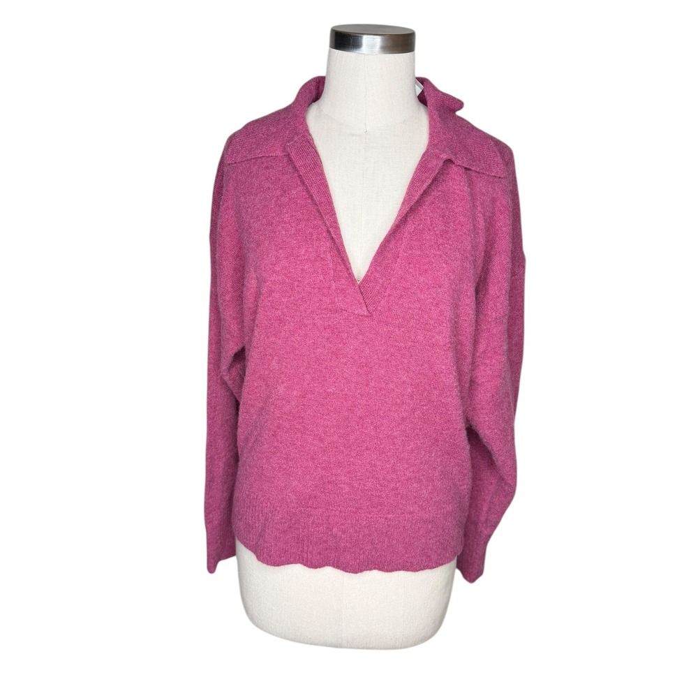J.CREW Collared Polo Sweater Pink Merino Alpaca V-Neck Knit Women's‎ Size Medium